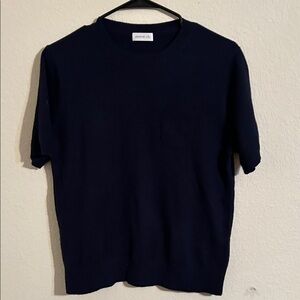 Jennie Liu 100%Cashmere Navy Blue Short Sleeve Sweater Luxury Elegant